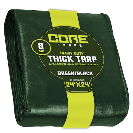 Core Tarps Heavy Duty Tarp, 24 ft L x 0.5 mm H x 24 ft W, 8 Mil, Green/Black, Polyethylene CT-403-24X24